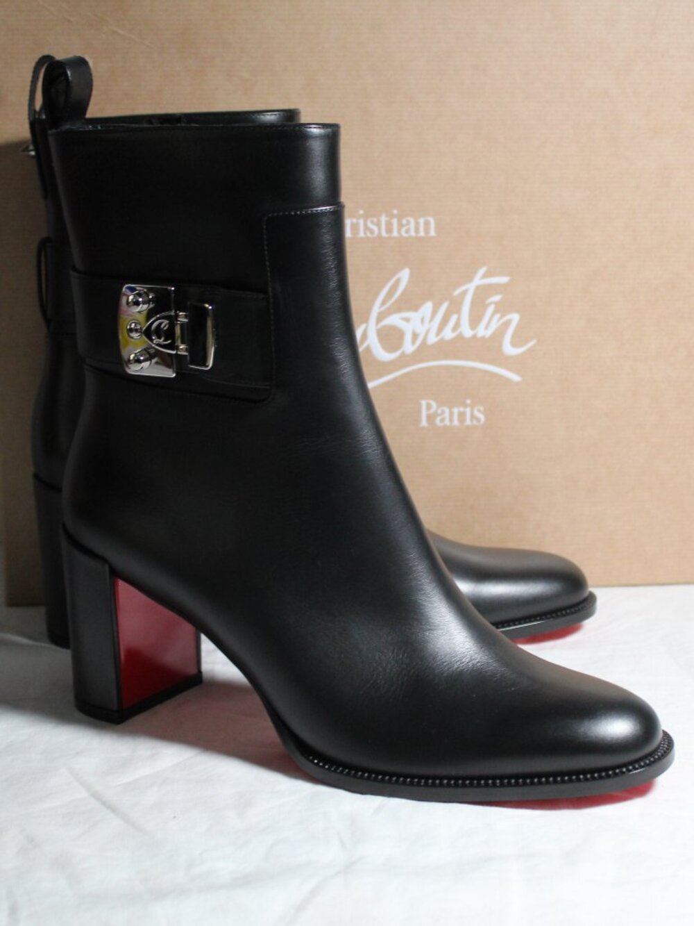 NWB Christian Louboutin Booty Lock Black Heel Black Leather Booties Boots 39.5